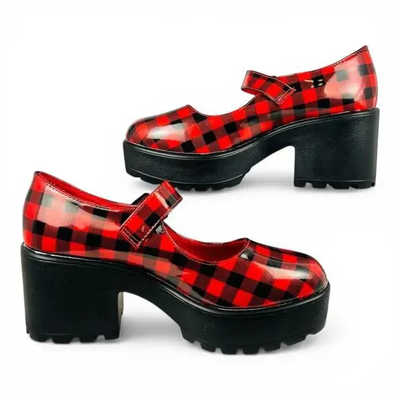 Koi Footwear Red Black Plaid Platform Mary Jane Chunky Lug Heel Size EU 36 - Picture 4 of 8